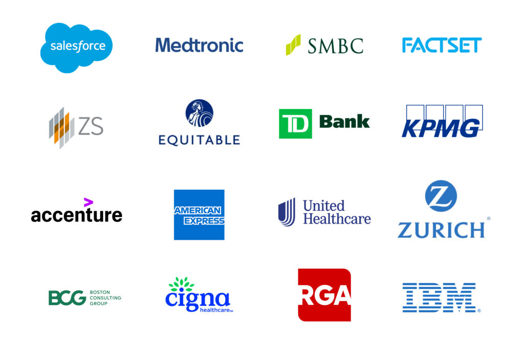 representation of client logos: ibm, medtronic, salesforce, american express, united healthcare, cigna, and others
